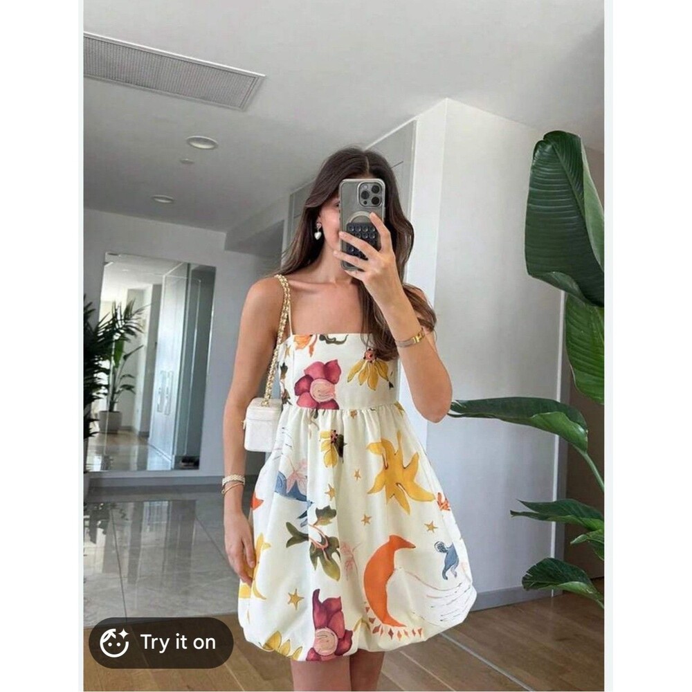 Cute Vacation Floral Print Spaghetti Strap Camisole Ruffle Hem Dress Small